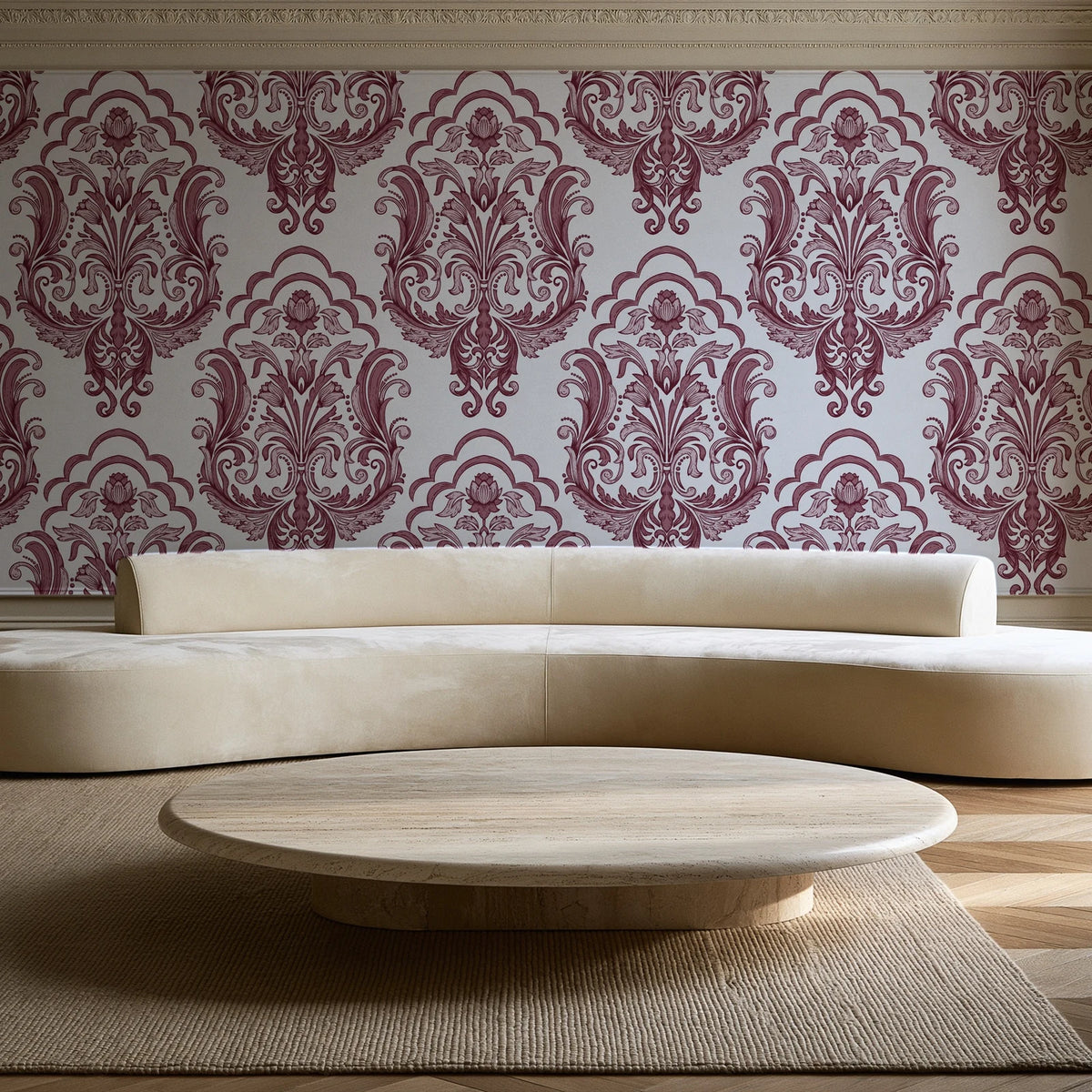 Sunlit Thicket Oxblood damask wallpaper in an elegant living room