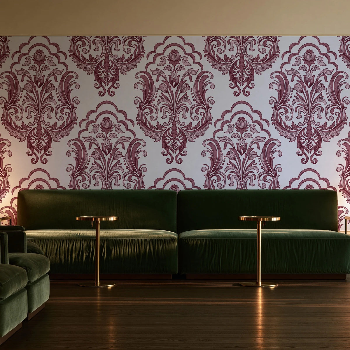 Sunlit Thicket Oxblood damask wallpaper in an intimate luxury cocktail lounge