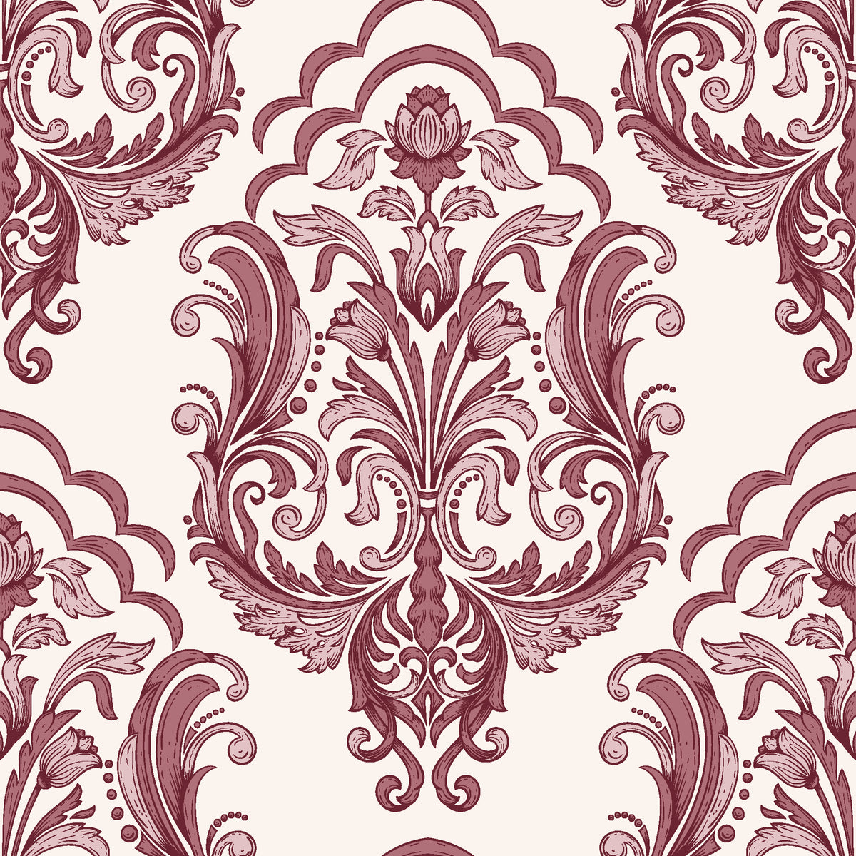 Sunlit Thicket Oxblood damask wallpaper in oxblood and blush
