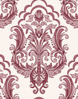 Sunlit Thicket Oxblood damask wallpaper in oxblood and blush