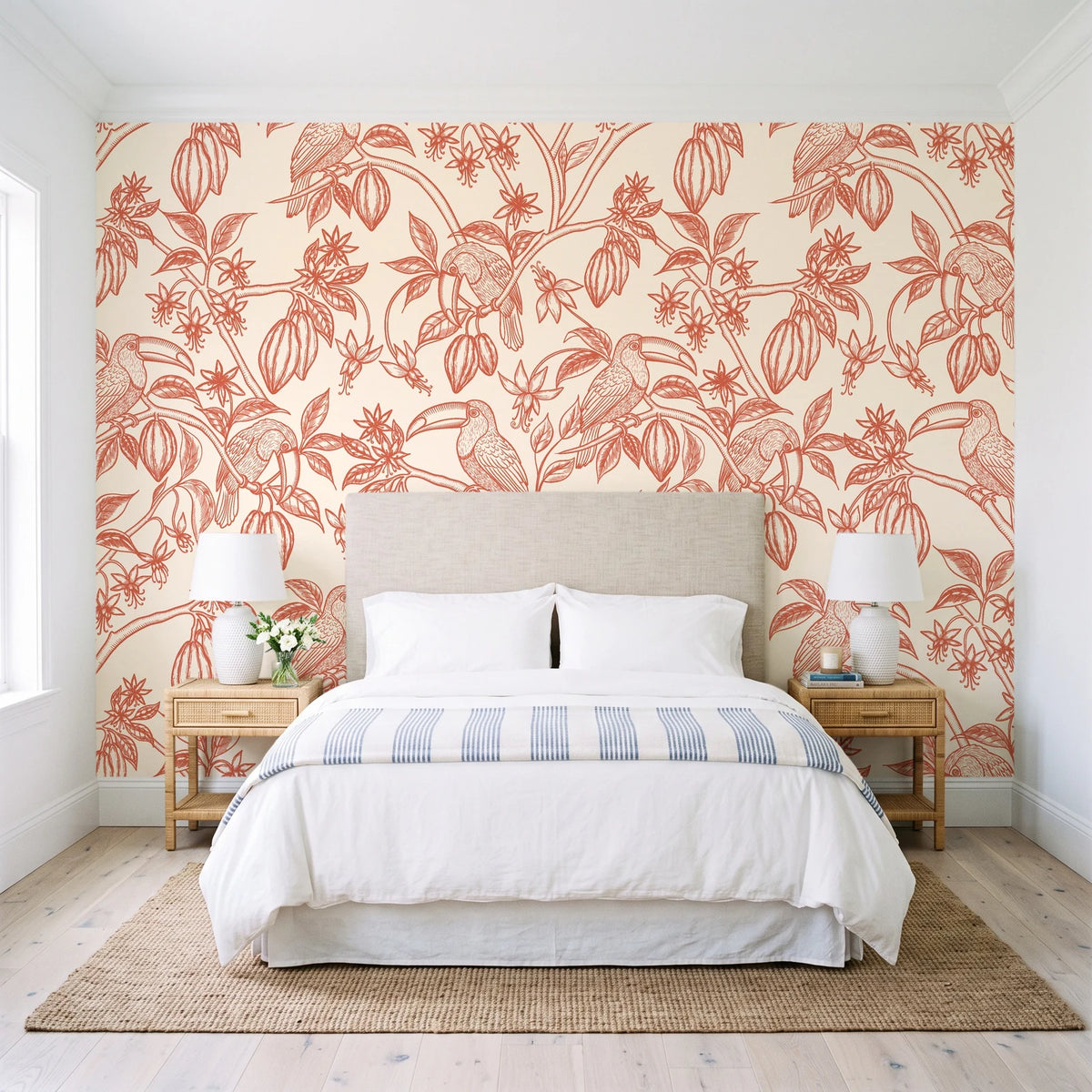 Toucan Toile Coral tropical bird wallpaper behind a queen bed in a bright coastal bedroom
