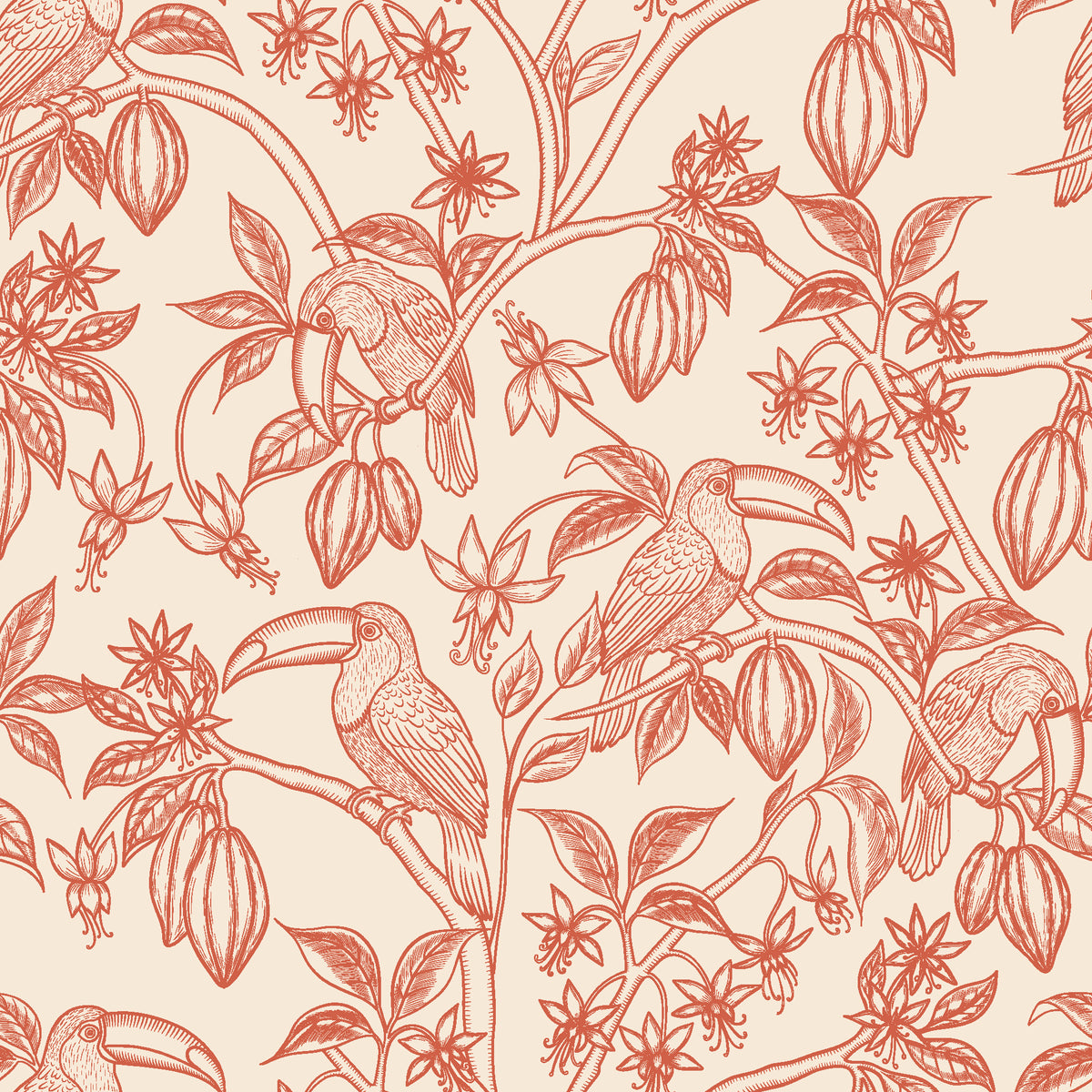 Toucan Toile Coral tropical bird wallpaper in coral and cream