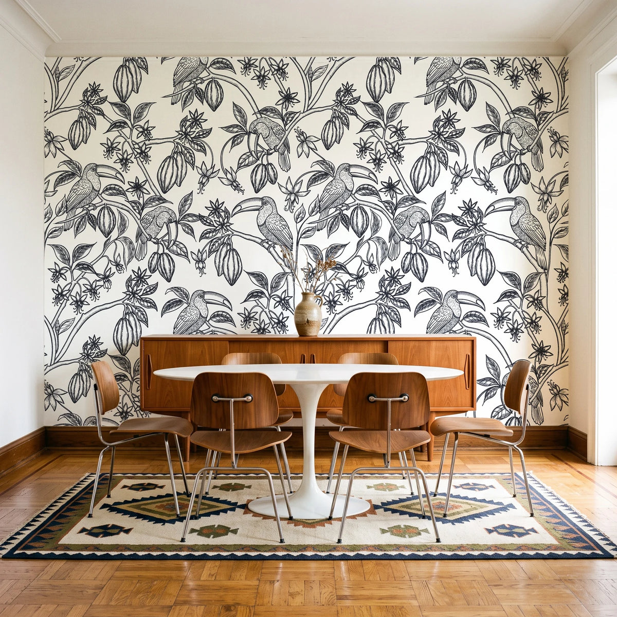 Toucan Toile Ink tropical bird wallpaper in a mid-century dining room with a teak sideboard and tulip table
