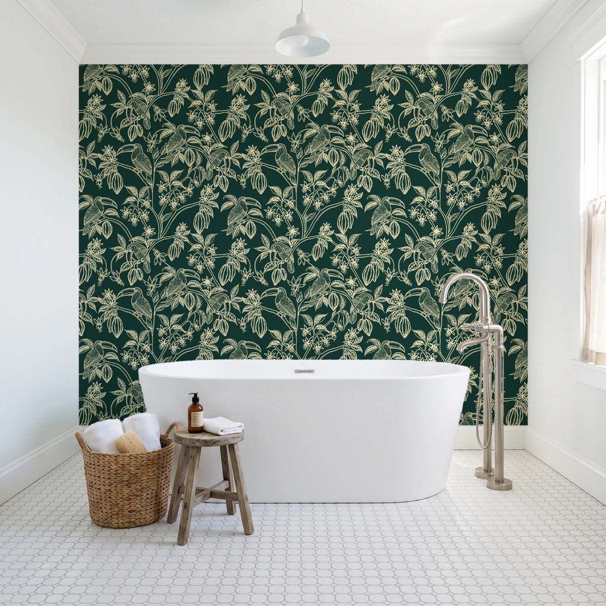 Toucan Toile Jungle tropical bird wallpaper behind a freestanding tub in a bright coastal bathroom
