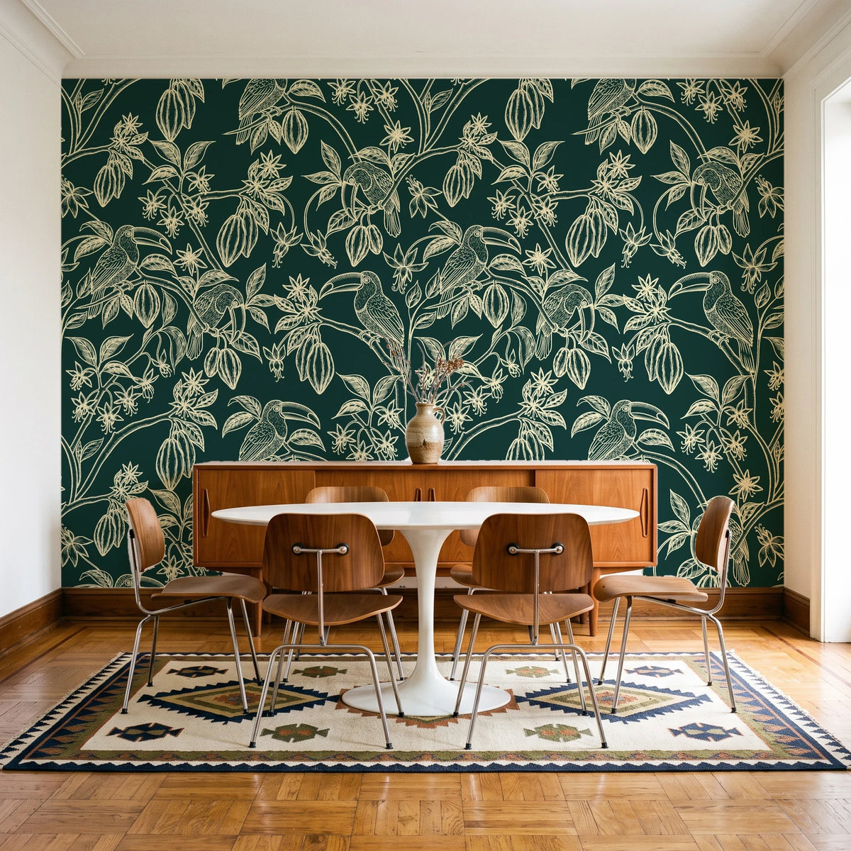 Toucan Toile Jungle tropical bird wallpaper in a mid-century dining room with a teak sideboard and tulip table
