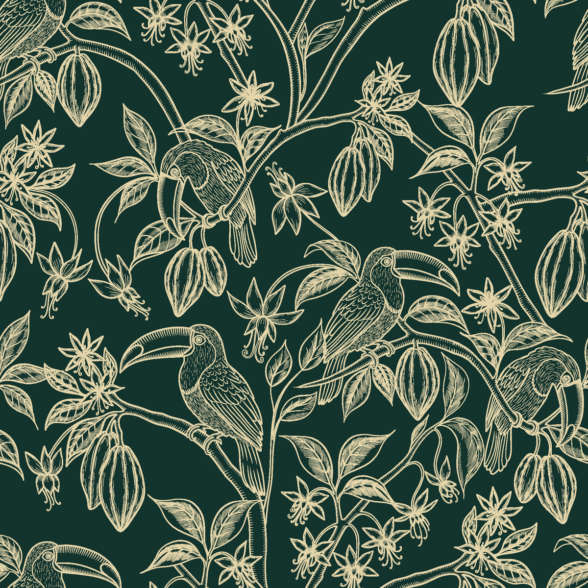Toucan Toile Jungle tropical bird wallpaper in jungle green and champagne