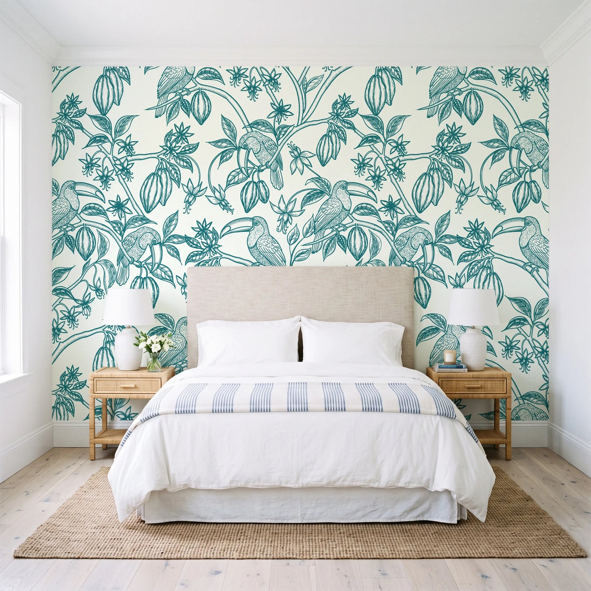 Toucan Toile Teal tropical bird wallpaper behind a queen bed in a bright coastal bedroom