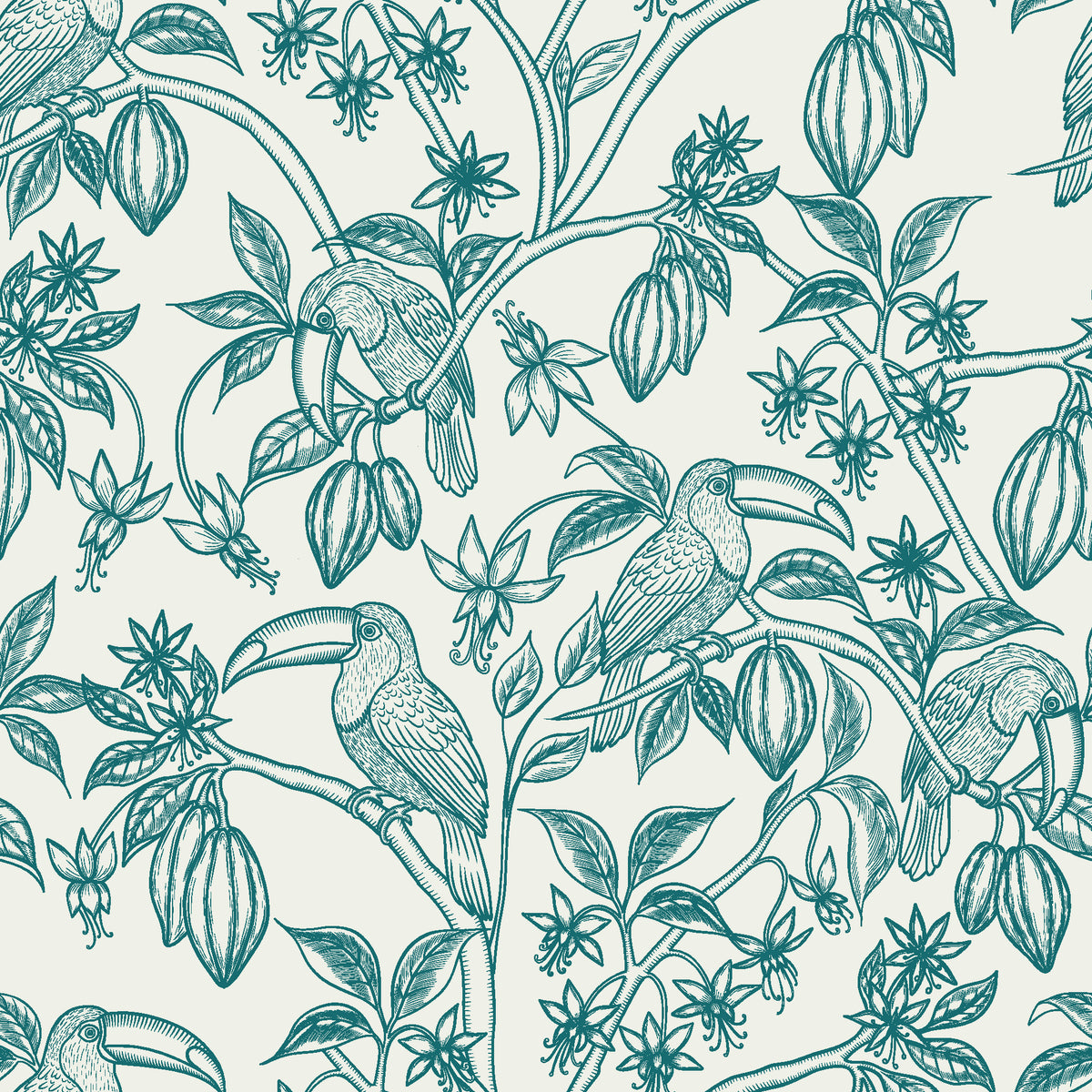 Toucan Toile Teal tropical bird wallpaper in teal and ivory