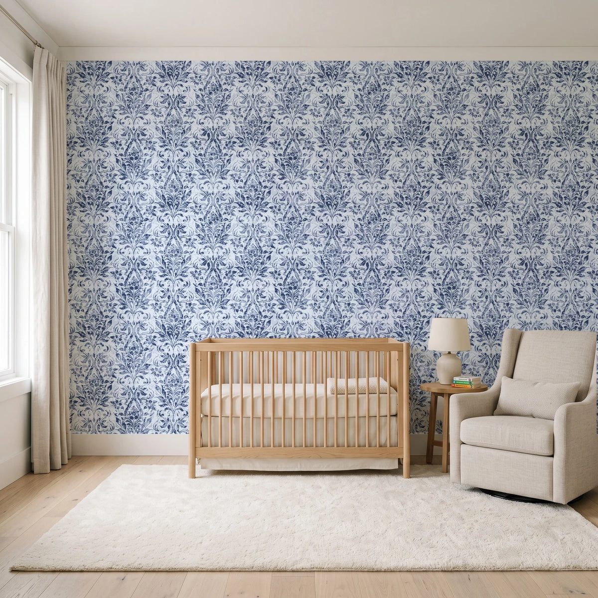Tranquil Flora Indigo floral damask wallpaper in a calm, light-filled nursery