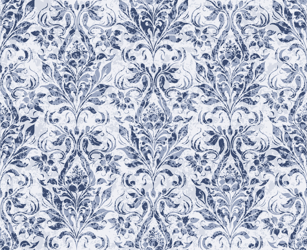 Tranquil Flora Indigo floral damask wallpaper in indigo and linen