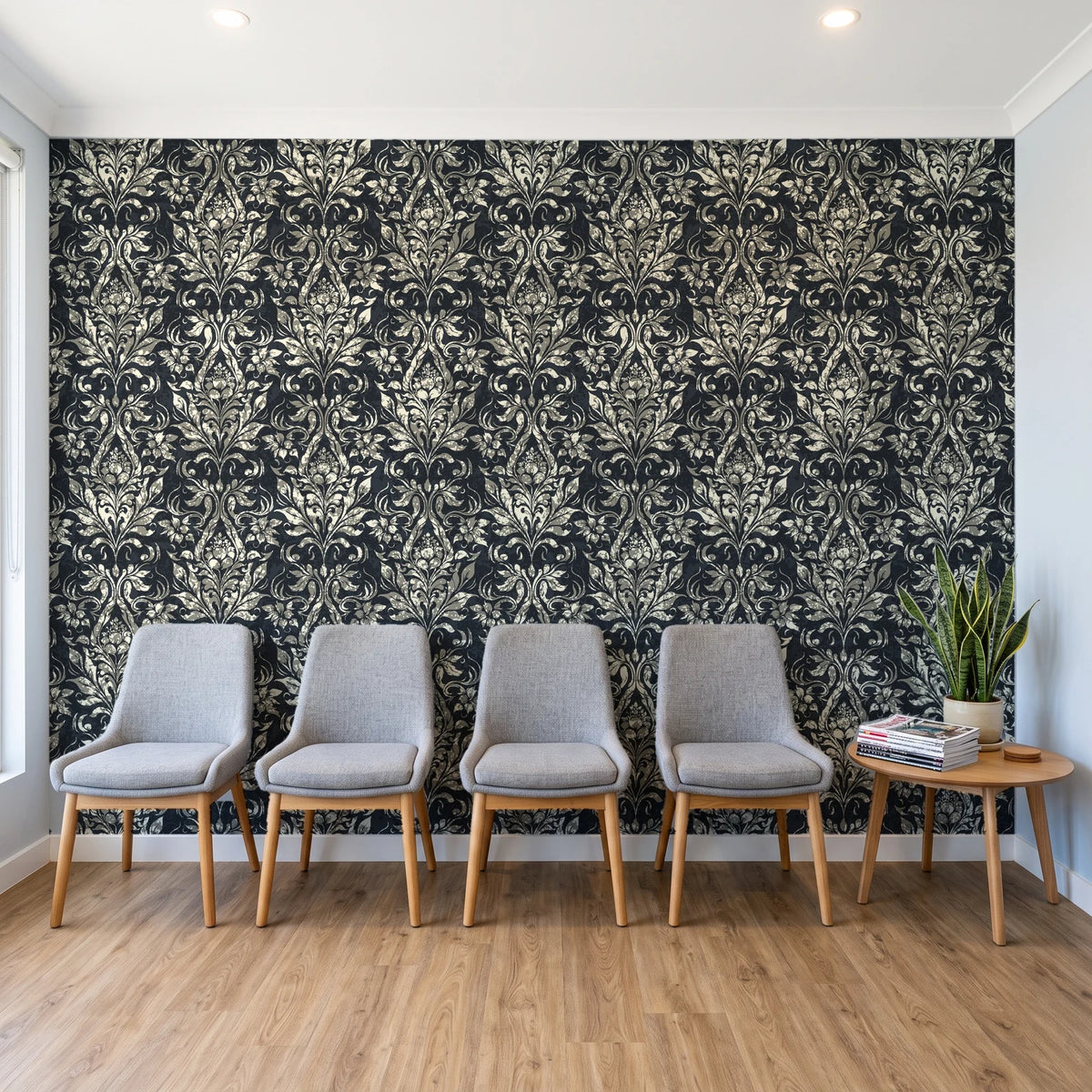 Tranquil Flora Onyx floral damask wallpaper behind a row of upholstered chairs in a bright clinic waiting room
