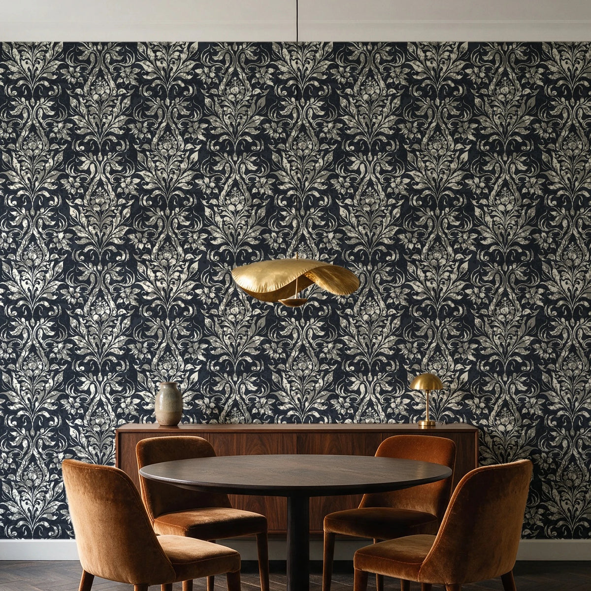 Tranquil Flora Onyx floral damask wallpaper behind a walnut credenza and round table in an elegant dining room