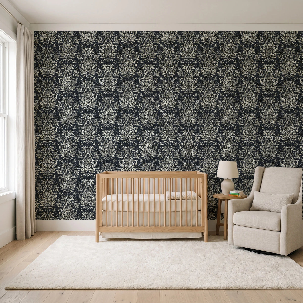 Tranquil Flora Onyx floral damask wallpaper in a calm, light-filled nursery