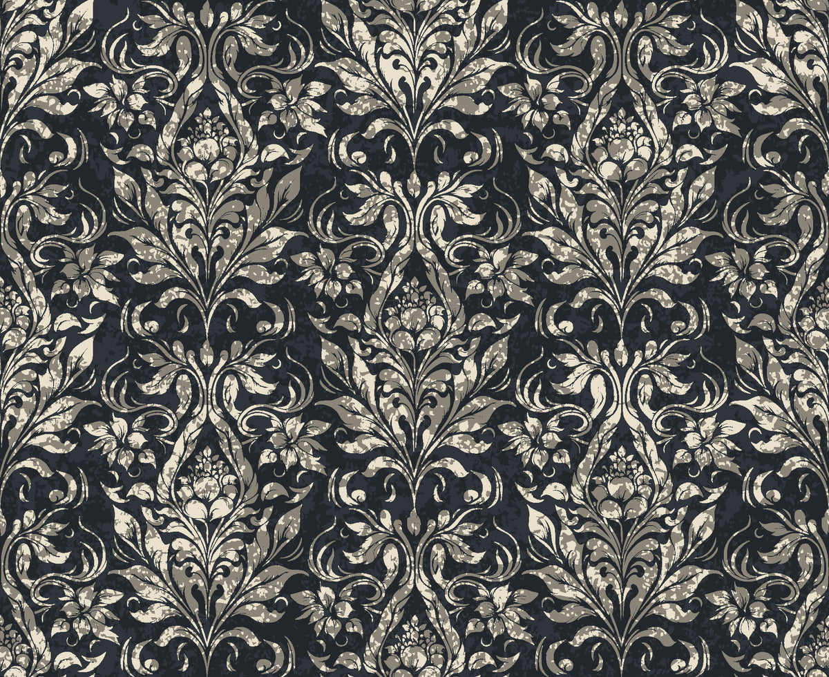 Tranquil Flora Onyx floral damask wallpaper in onyx and ivory