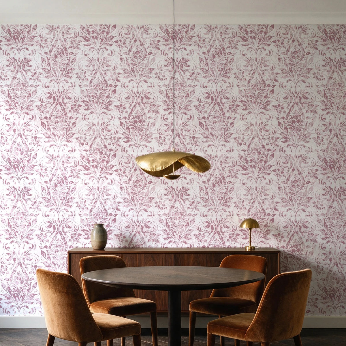 Tranquil Flora Rose floral damask wallpaper behind a walnut credenza and round table in an elegant dining room