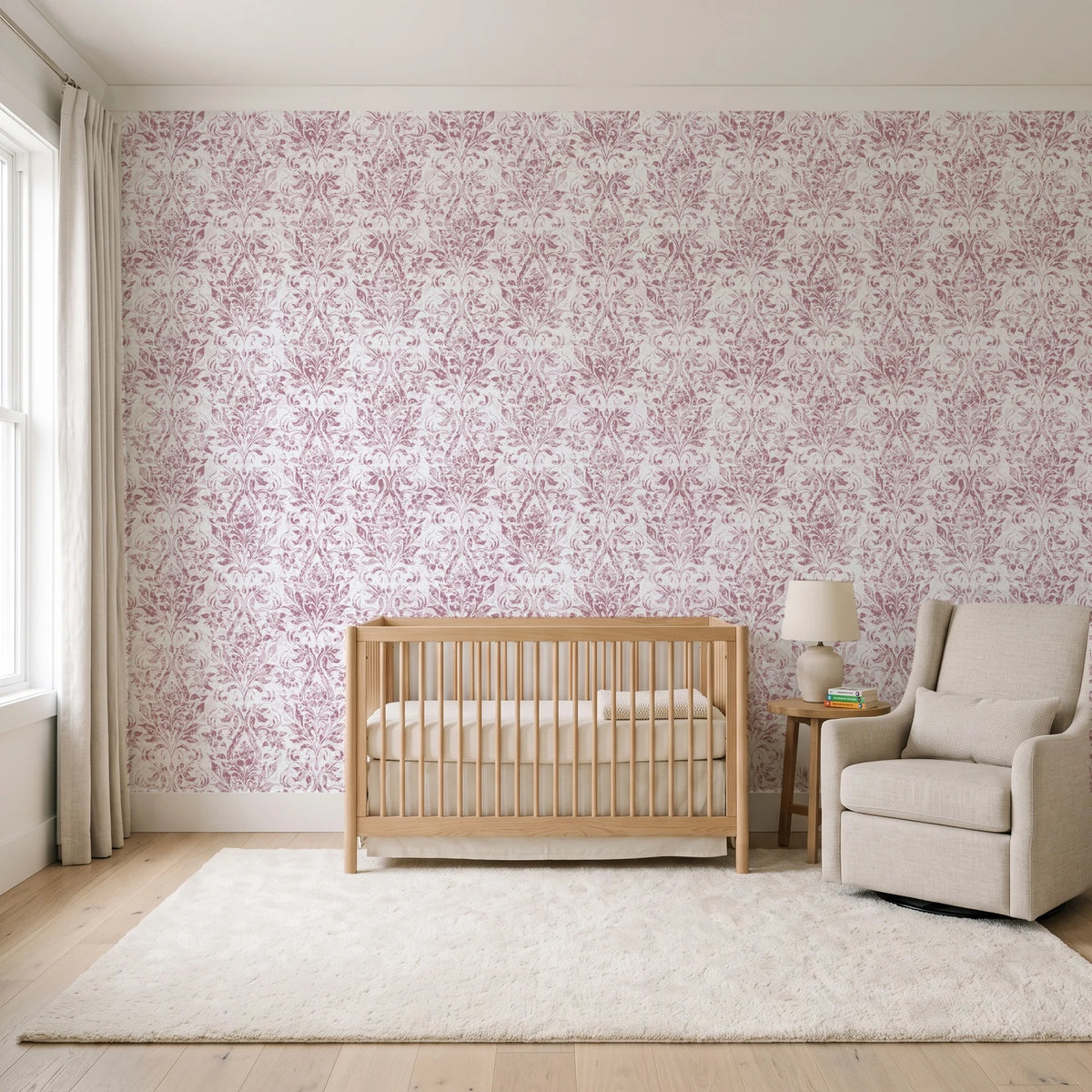 Tranquil Flora Rose floral damask wallpaper in a calm, light-filled nursery
