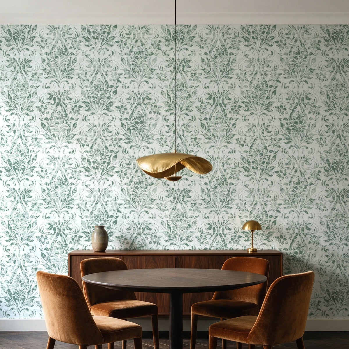 Tranquil Flora Sage floral damask wallpaper behind a walnut credenza and round table in an elegant dining room