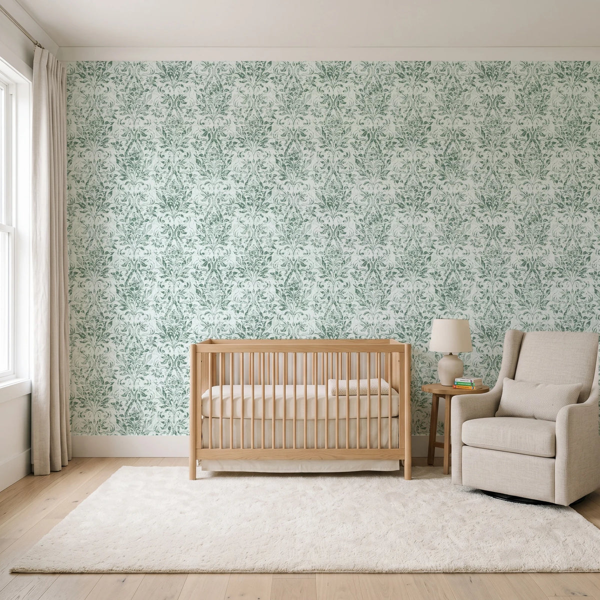 Tranquil Flora Sage floral damask wallpaper in a calm, light-filled nursery