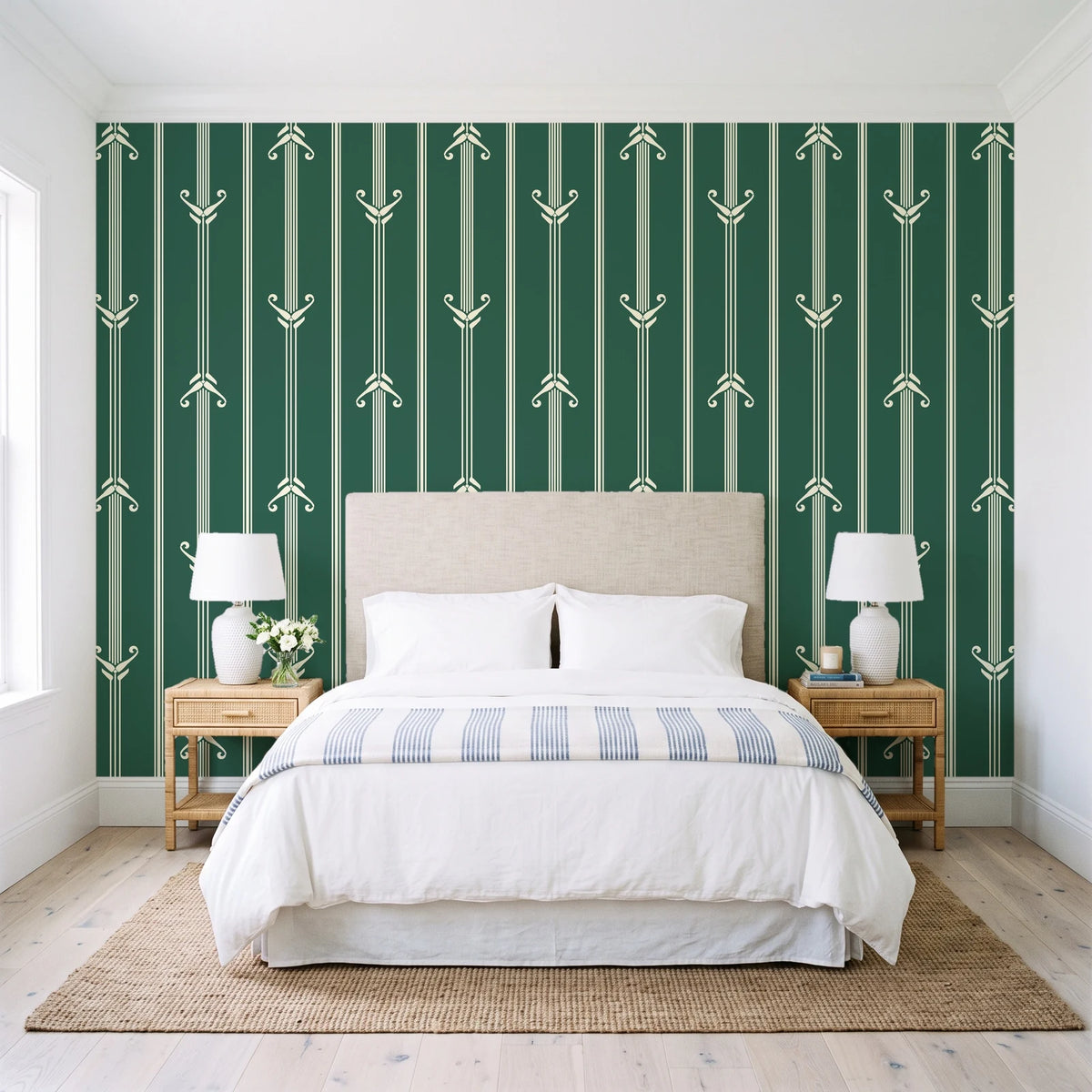 Tranquility Tapestry Emerald art deco stripe wallpaper behind a queen bed in a bright coastal bedroom