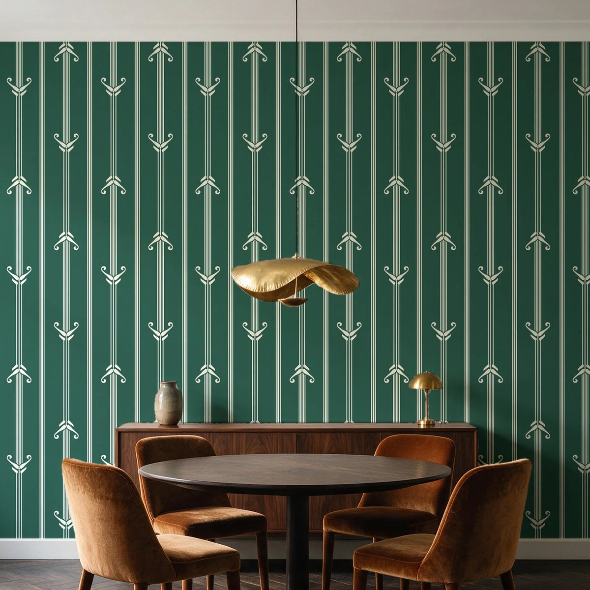 Tranquility Tapestry Emerald art deco stripe wallpaper behind a walnut credenza and round table in an elegant dining room