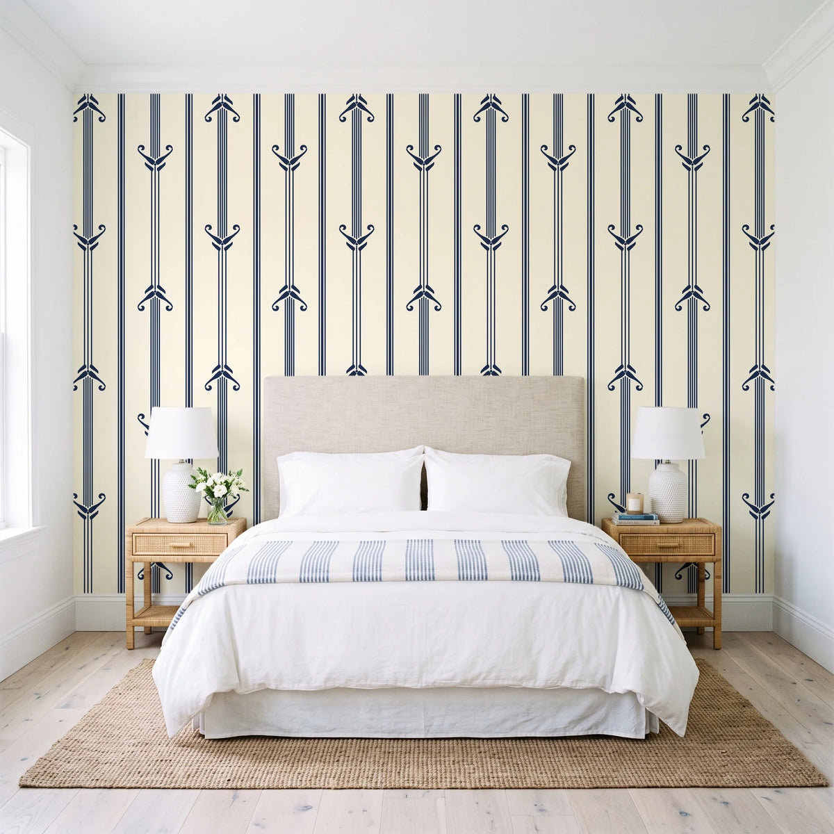 Tranquility Tapestry Midnight art deco stripe wallpaper behind a queen bed in a bright coastal bedroom