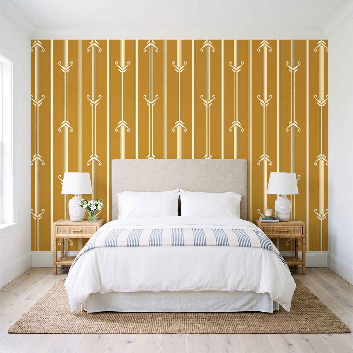 Tranquility Tapestry Saffron art deco stripe wallpaper behind a queen bed in a bright coastal bedroom