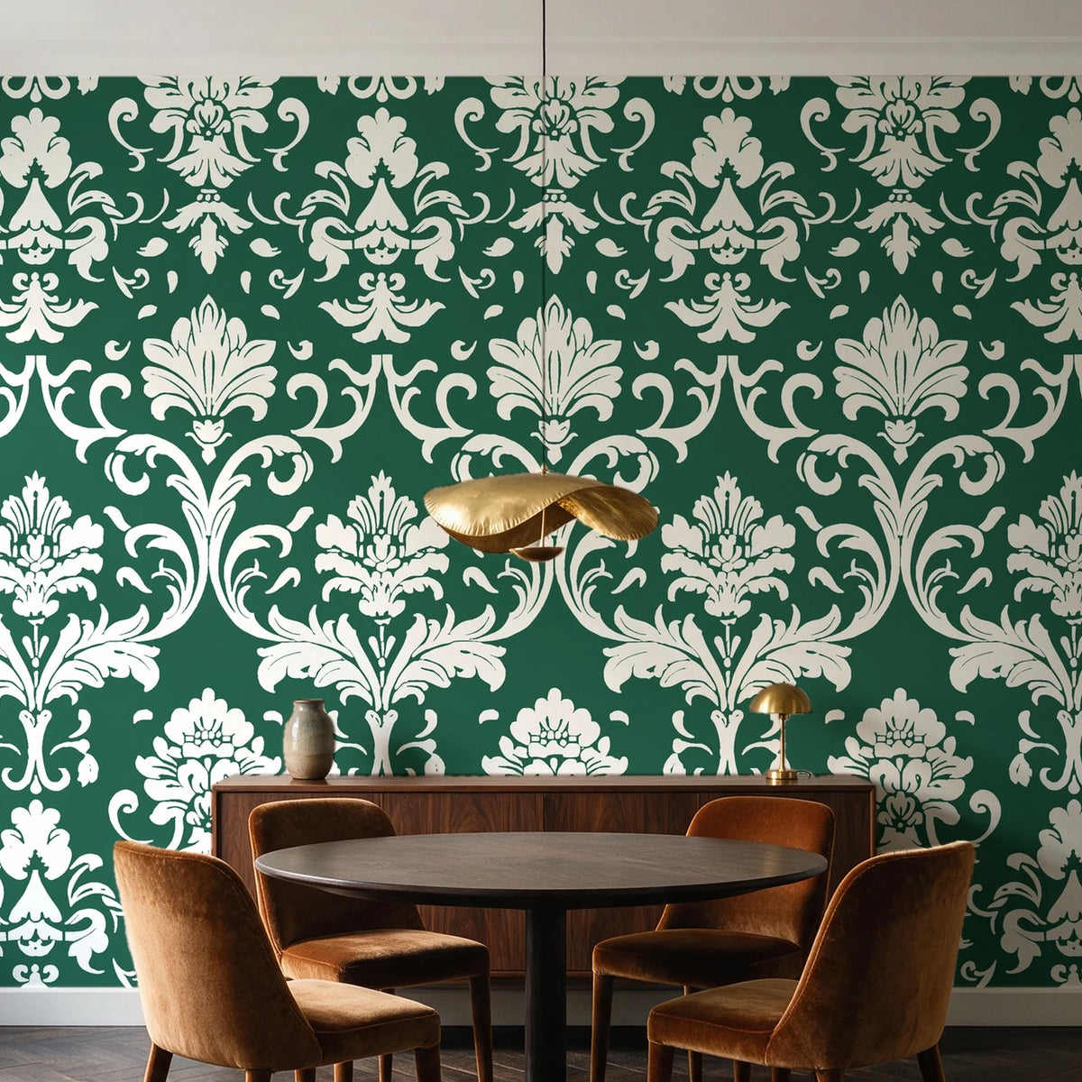 Twilight Garden Veil Emerald damask wallpaper behind a walnut credenza and round table in an elegant dining room