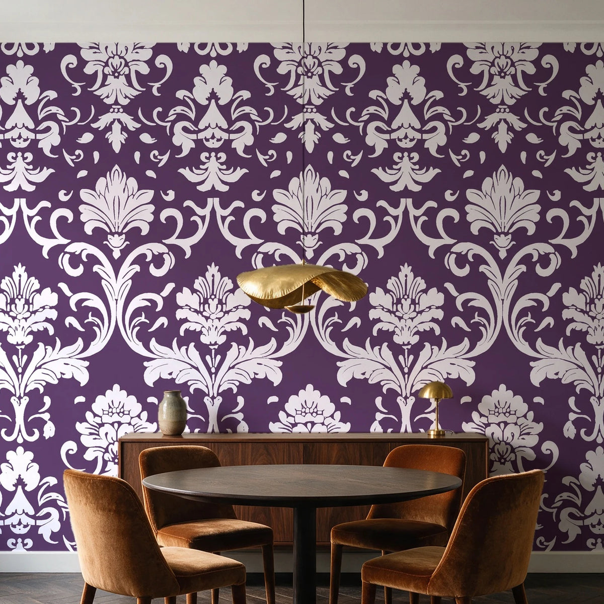 Twilight Garden Veil Plum damask wallpaper behind a walnut credenza and round table in an elegant dining room