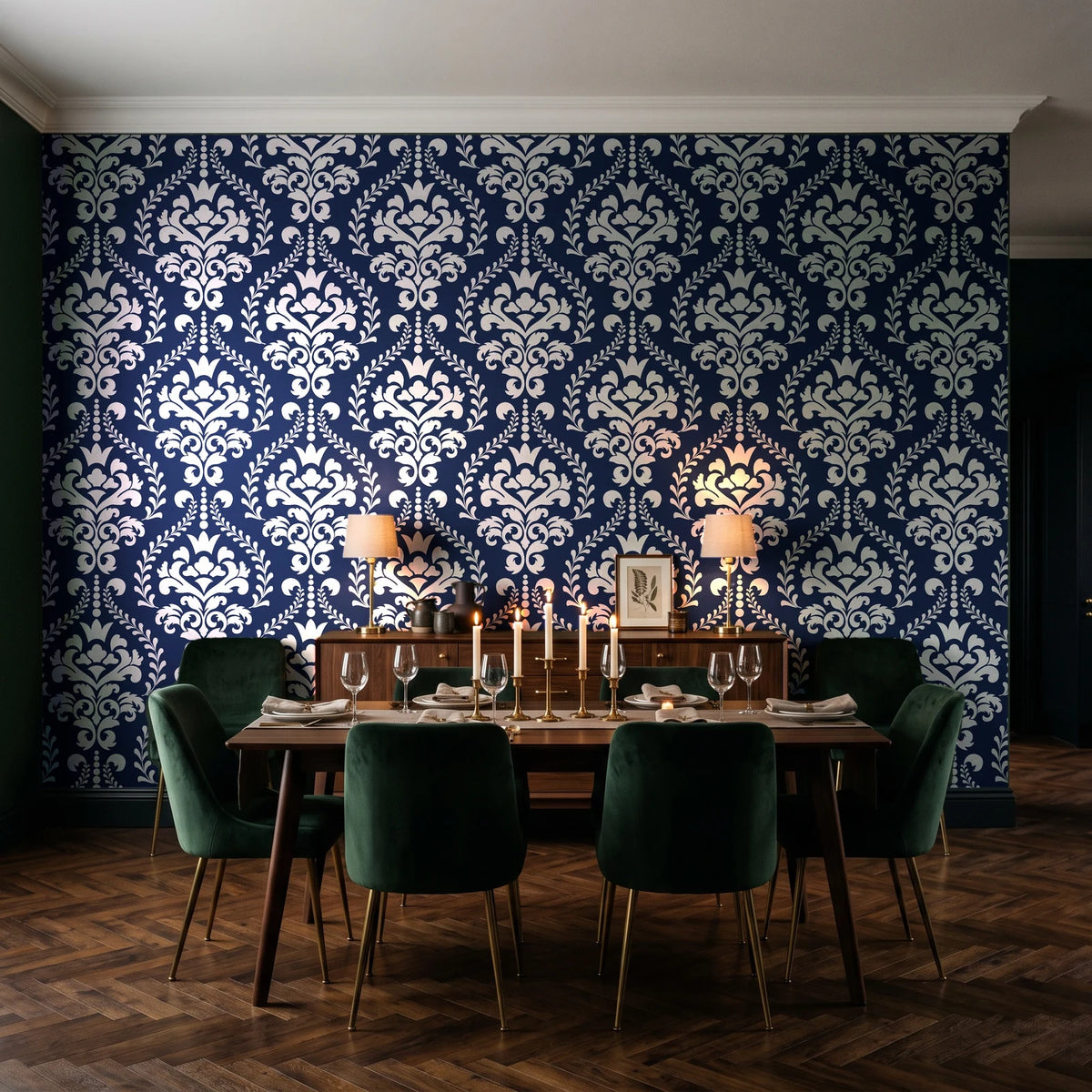 Veiled Botany Navy damask wallpaper in a dark moody dining room with a candlelit table