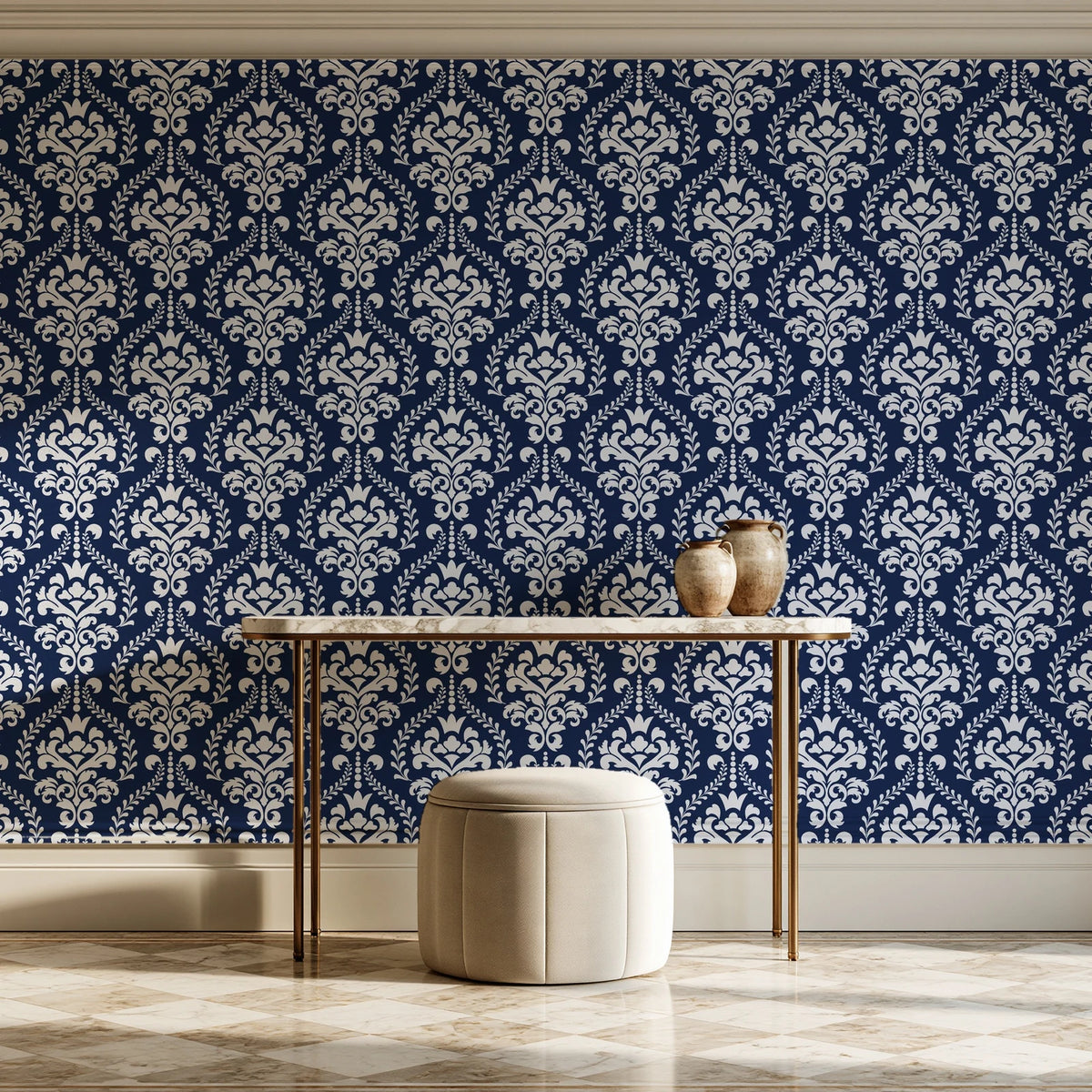 Veiled Botany Navy damask wallpaper on the wall of a grand entry foyer