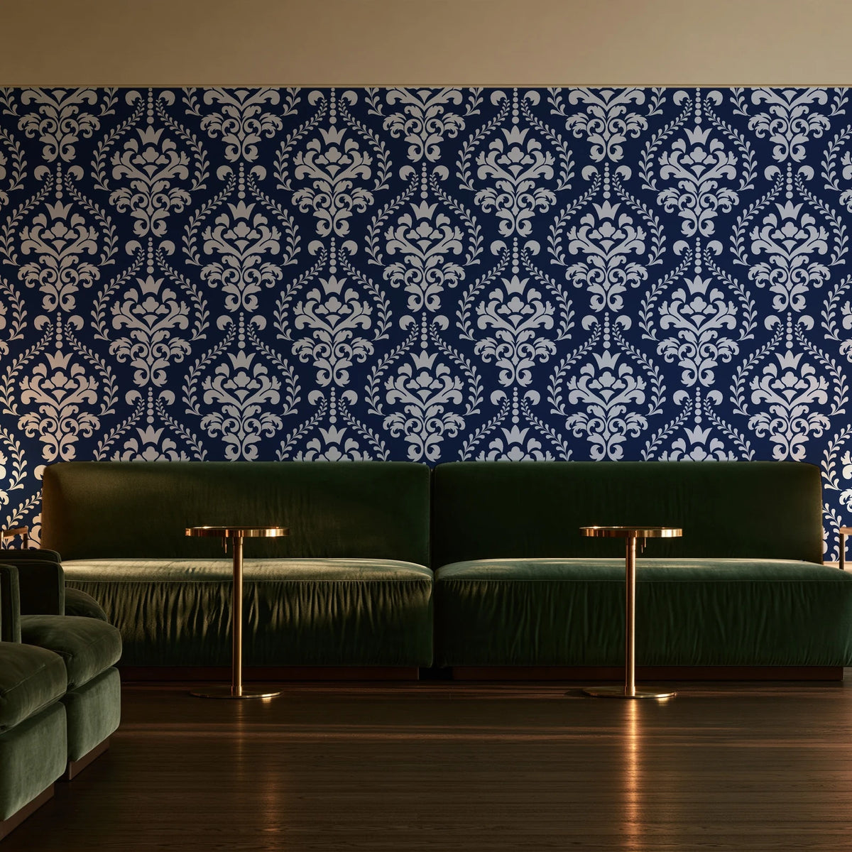 Veiled Botany Navy damask wallpaper in an intimate luxury cocktail lounge