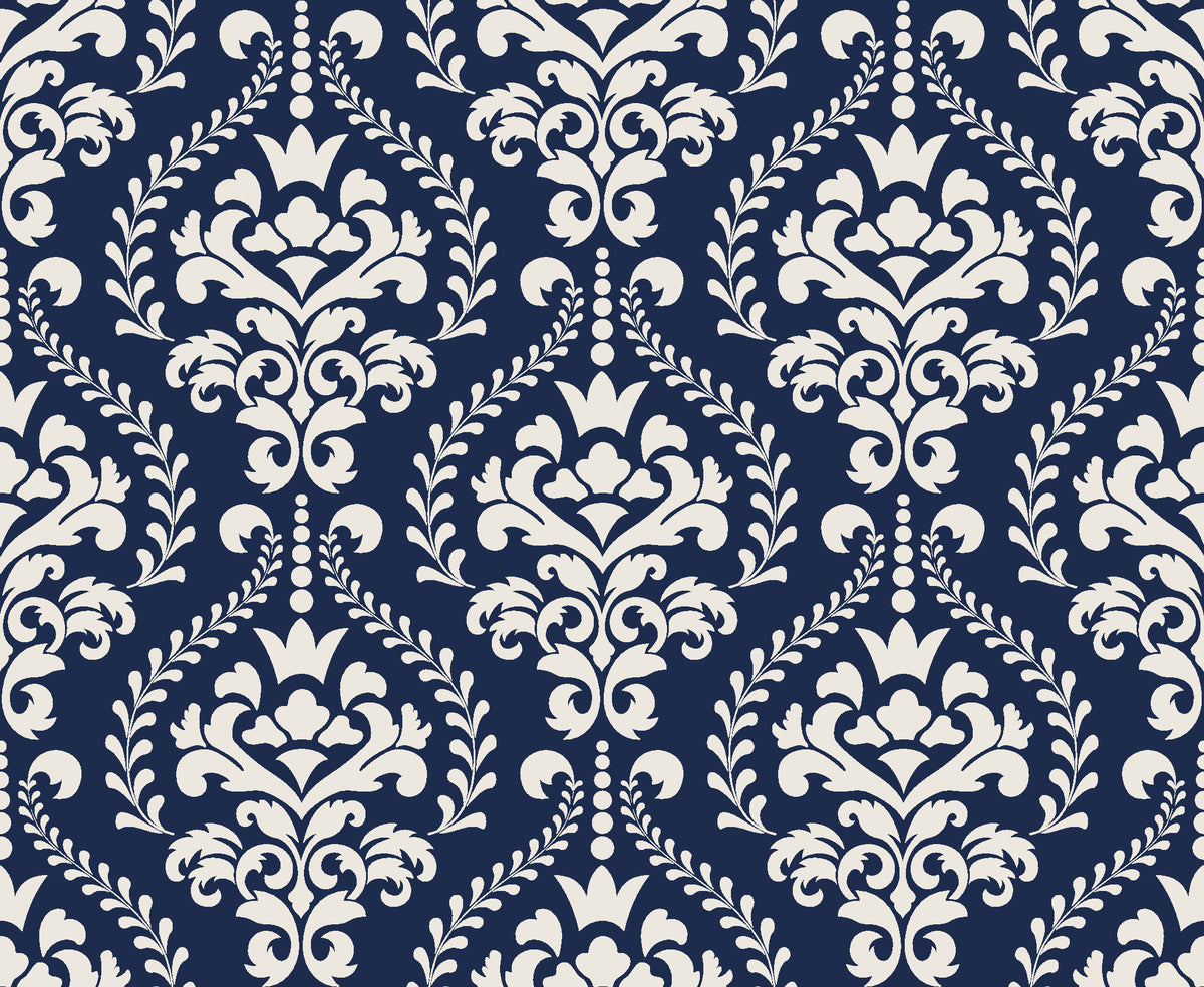 Veiled Botany Navy damask wallpaper in navy and ivory