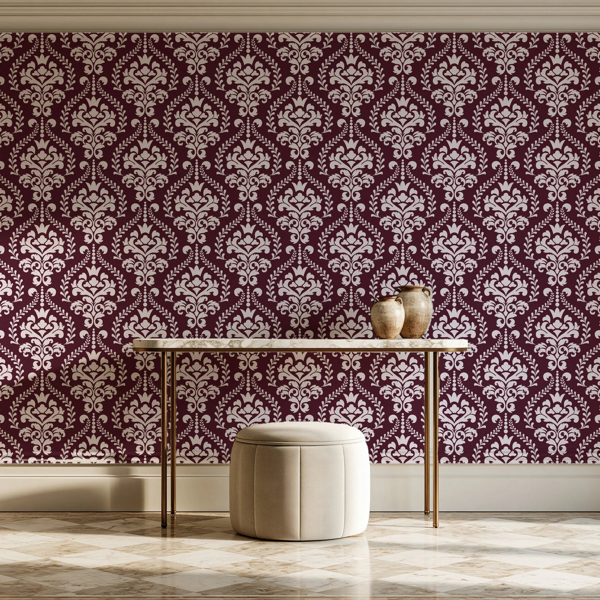 Veiled Botany Oxblood damask wallpaper on the wall of a grand entry foyer