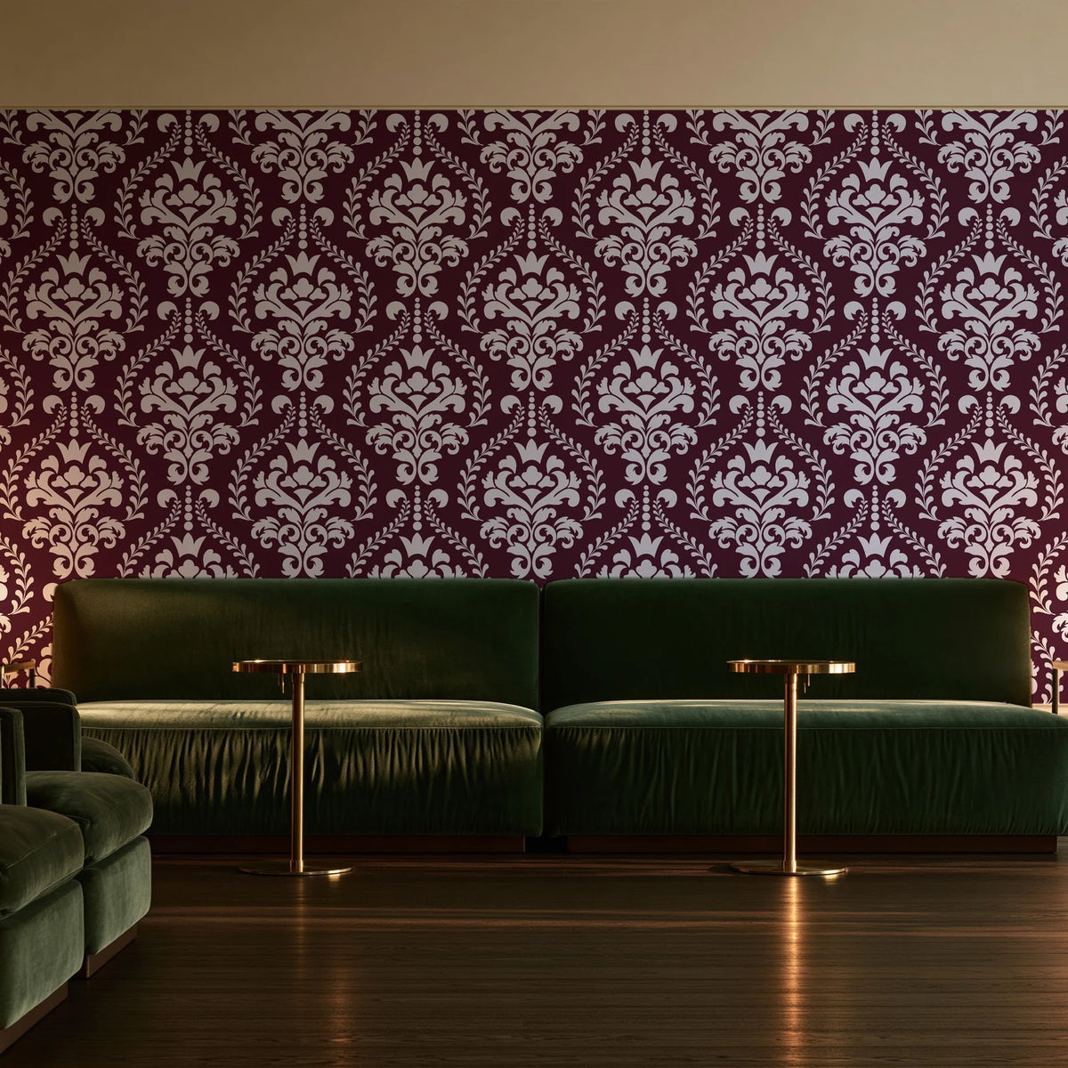 Veiled Botany Oxblood damask wallpaper in an intimate luxury cocktail lounge