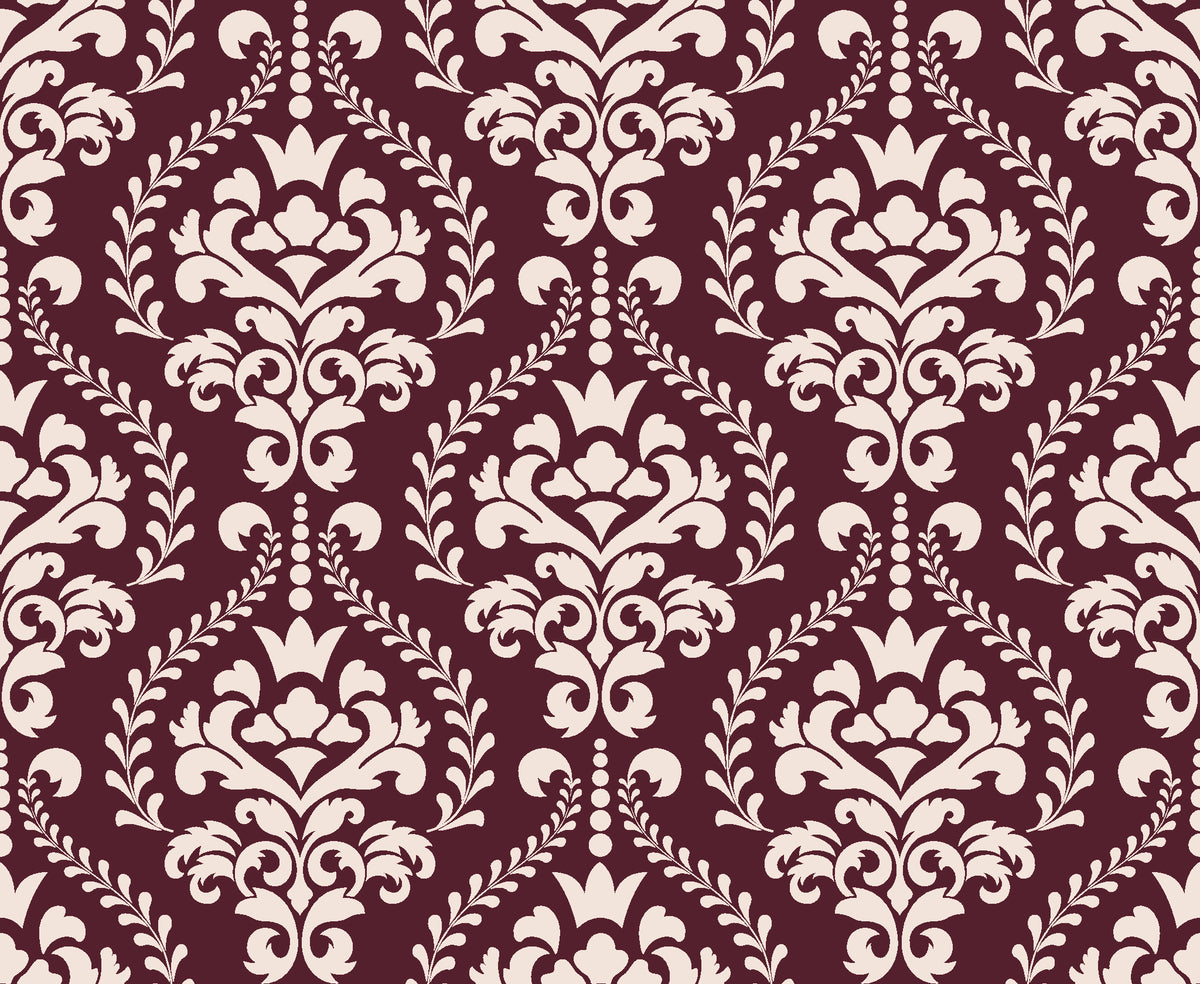 Veiled Botany Oxblood damask wallpaper in oxblood and blush