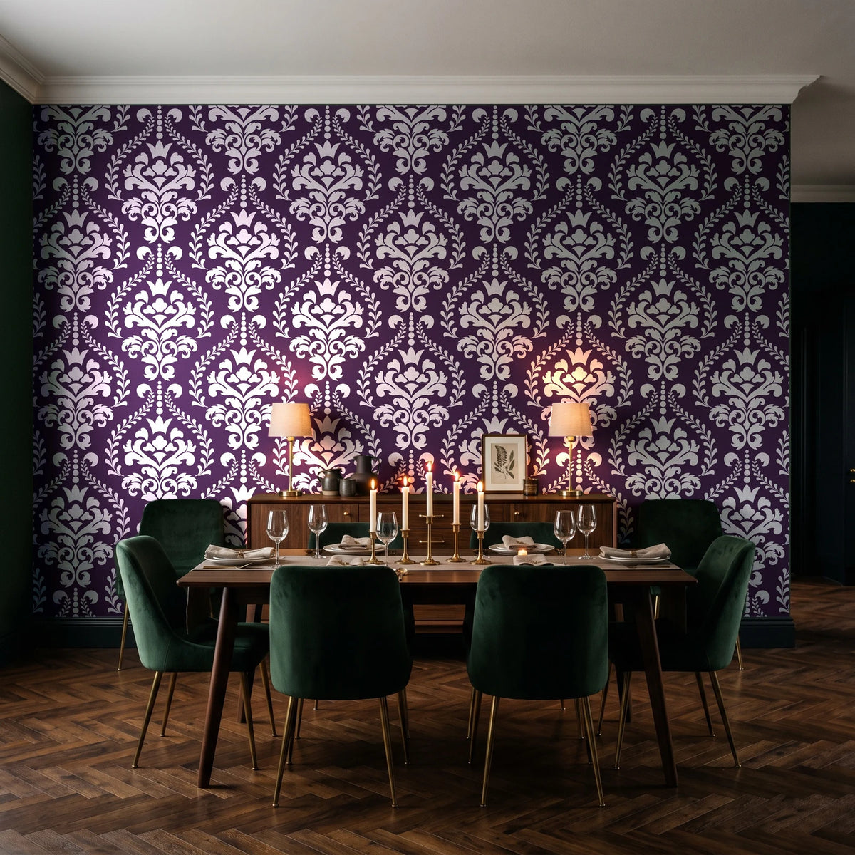 Veiled Botany Plum damask wallpaper in a dark moody dining room with a candlelit table