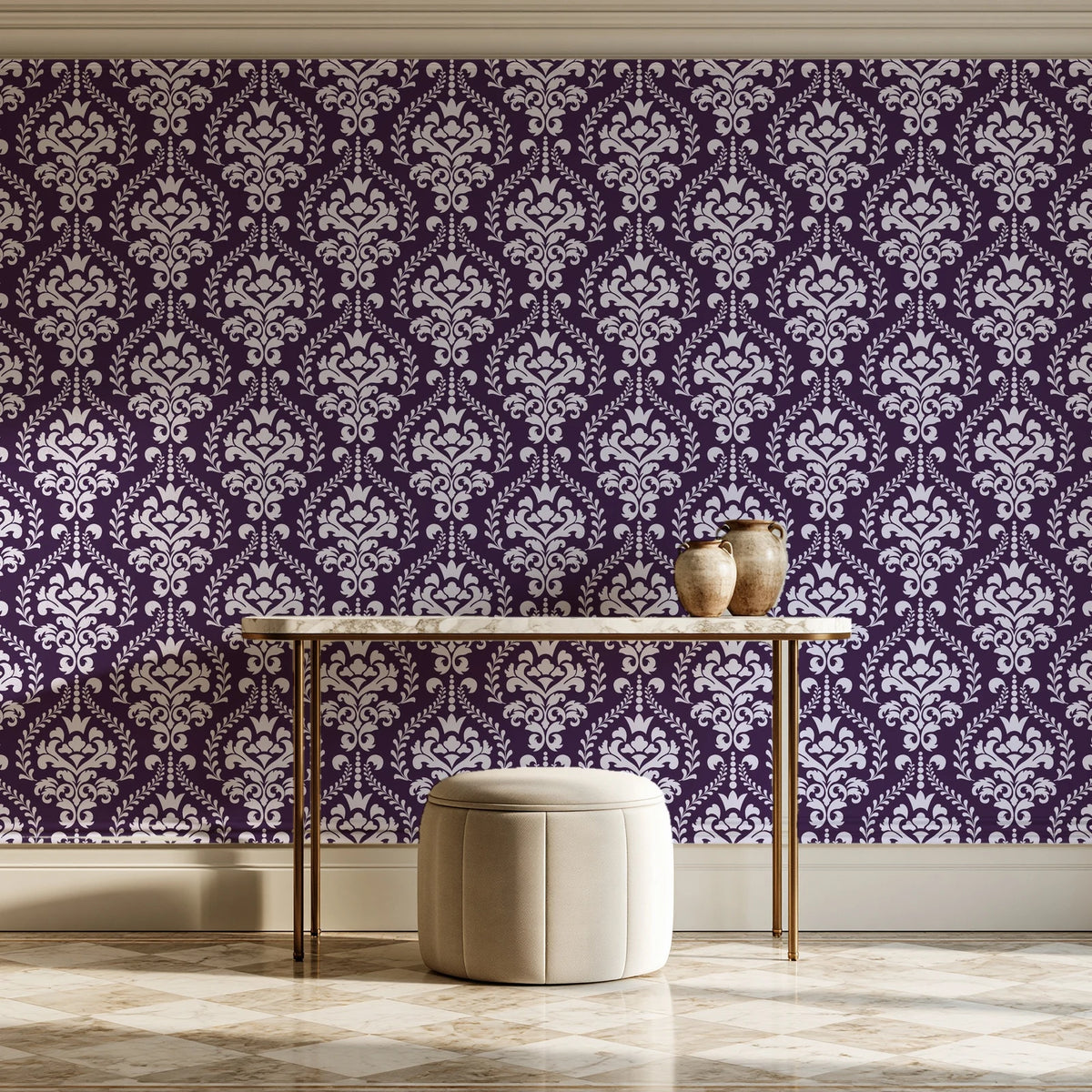 Veiled Botany Plum damask wallpaper on the wall of a grand entry foyer