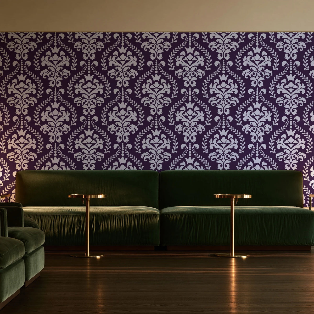 Veiled Botany Plum damask wallpaper in an intimate luxury cocktail lounge