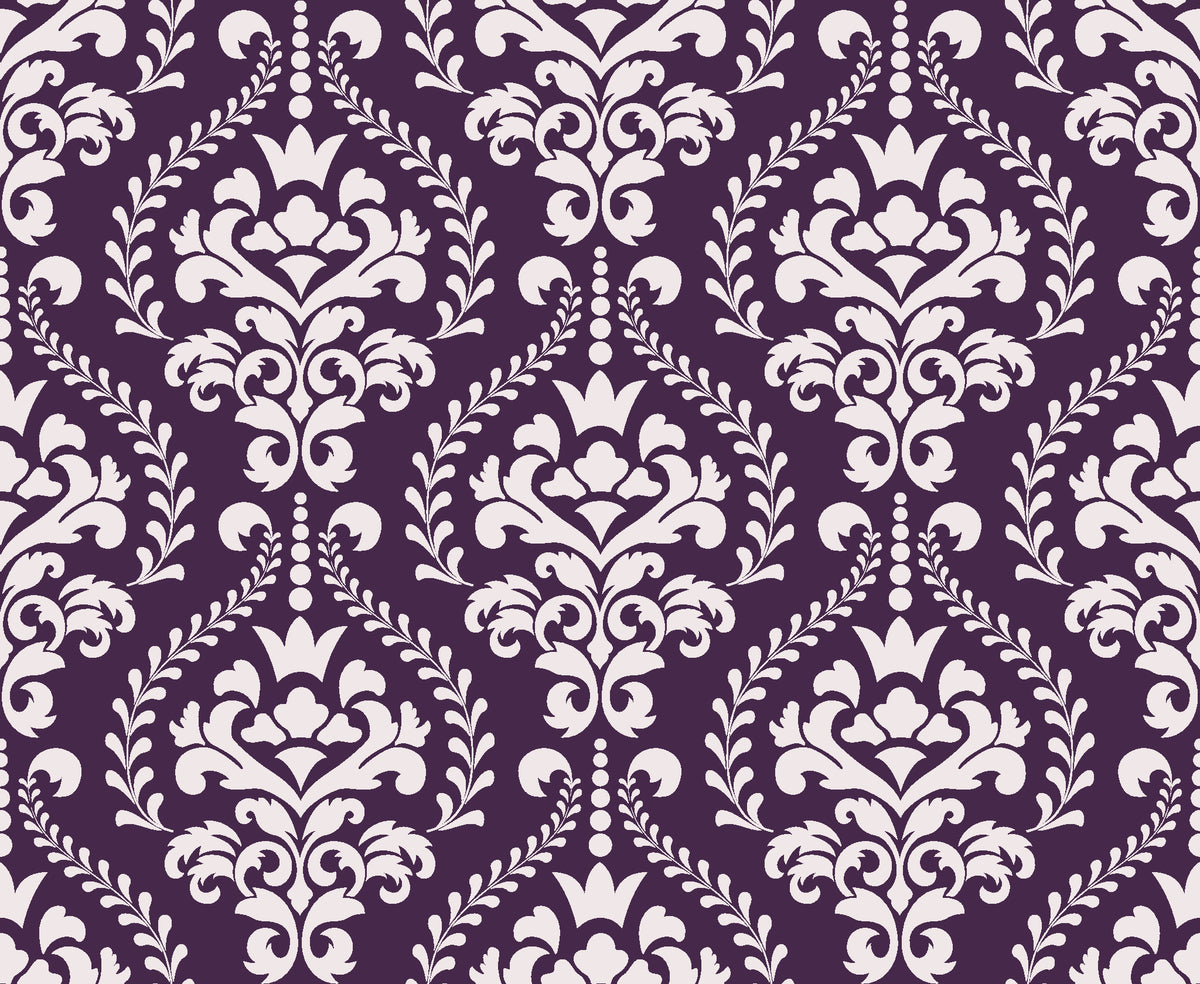 Veiled Botany Plum damask wallpaper in plum and pearl