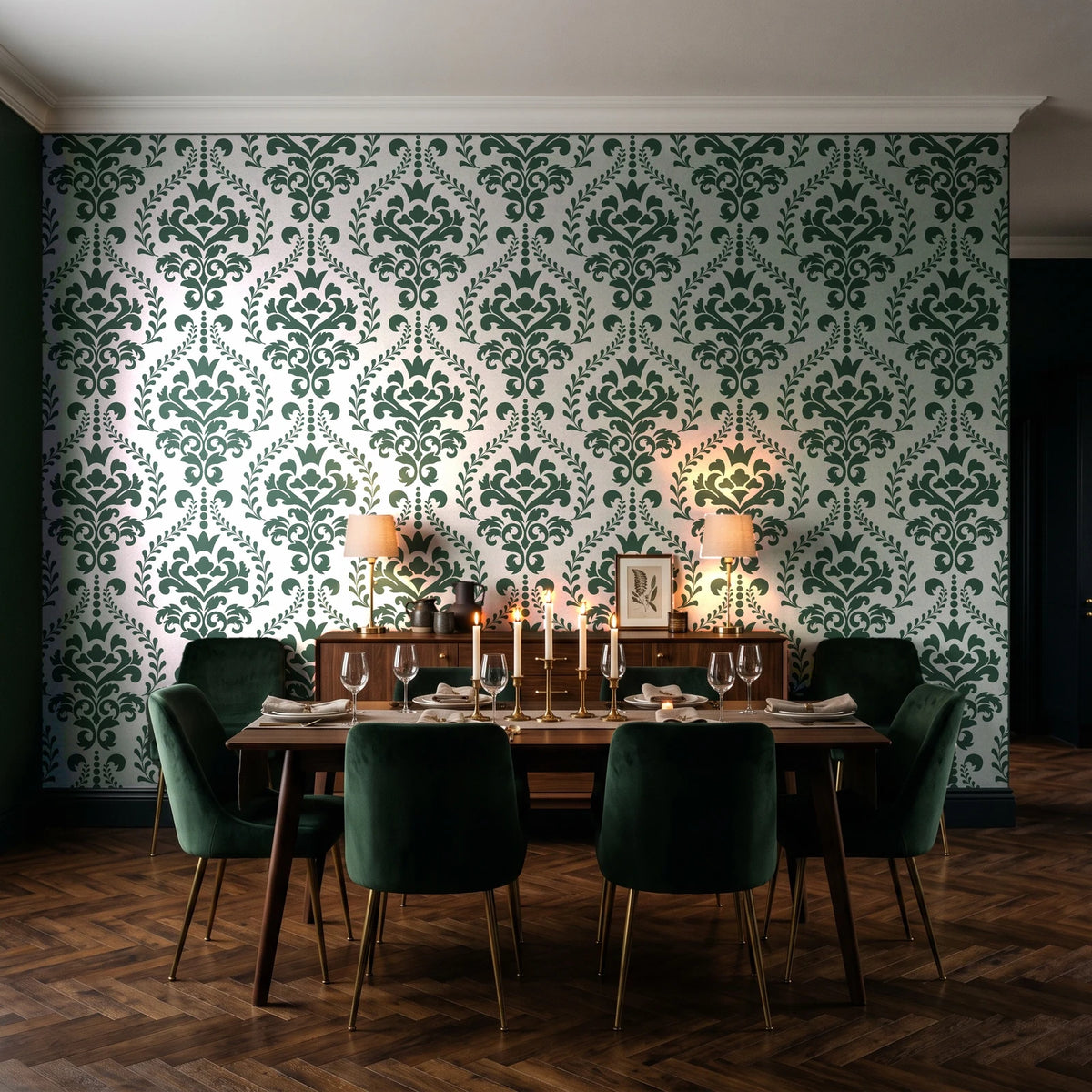 Veiled Botany Sage damask wallpaper in a dark moody dining room with a candlelit table