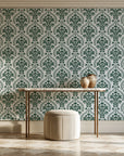 Veiled Botany Sage damask wallpaper on the wall of a grand entry foyer