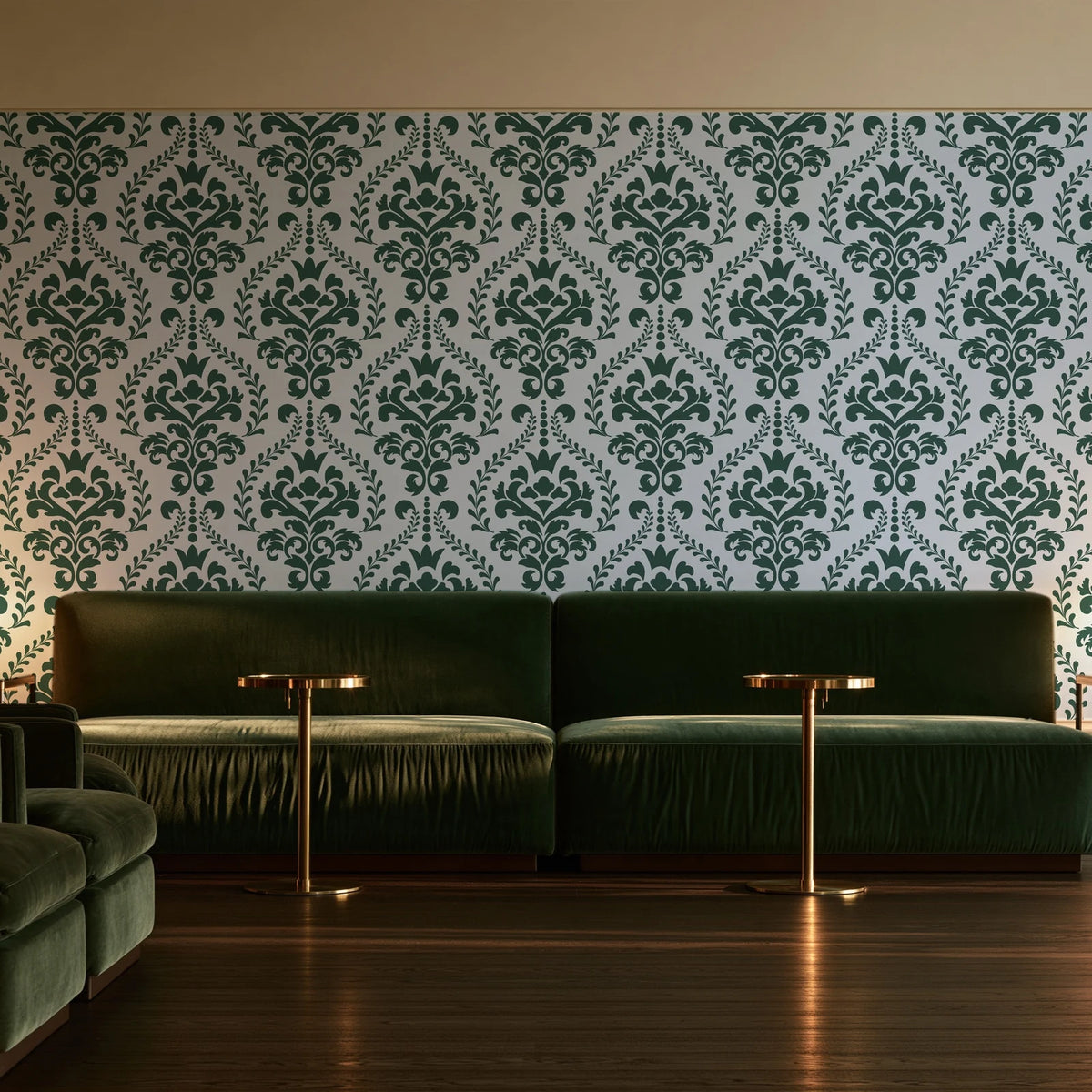 Veiled Botany Sage damask wallpaper in an intimate luxury cocktail lounge