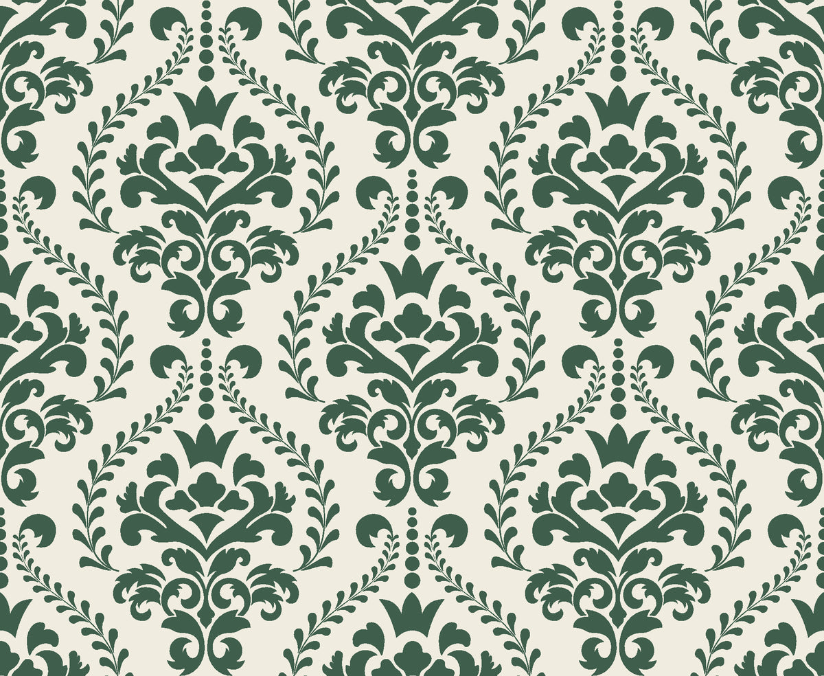 Veiled Botany Sage damask wallpaper in sage and linen