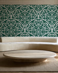 Velvet Vine Serenade Emerald damask wallpaper in an elegant living room