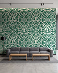 Velvet Vine Serenade Emerald damask wallpaper in a contemporary commercial office lobby