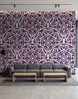 Velvet Vine Serenade Plum damask wallpaper in a contemporary commercial office lobby