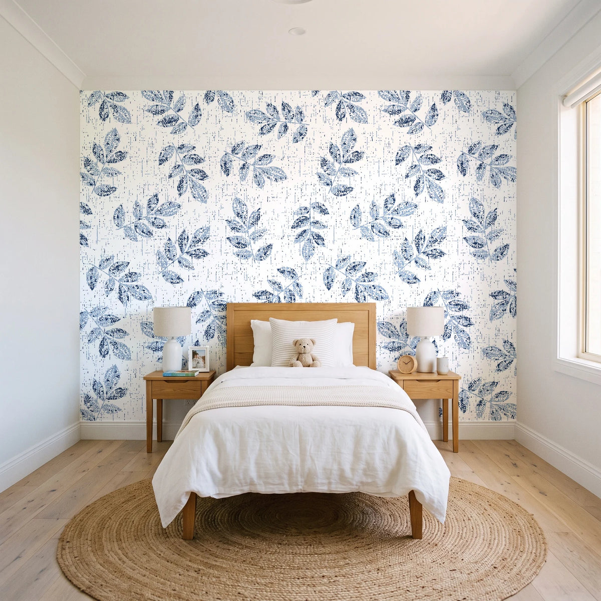 Verdant Scatter Navy tossed leaf wallpaper in a bright, cheerful child's bedroom