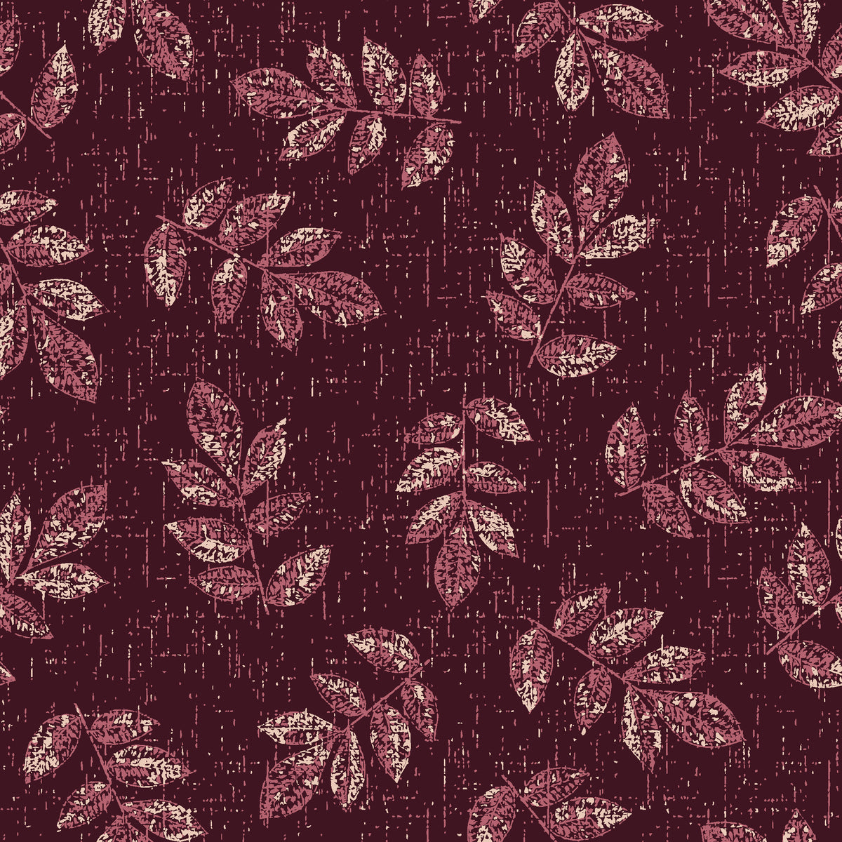Verdant Scatter Oxblood tossed leaf wallpaper in oxblood and blush