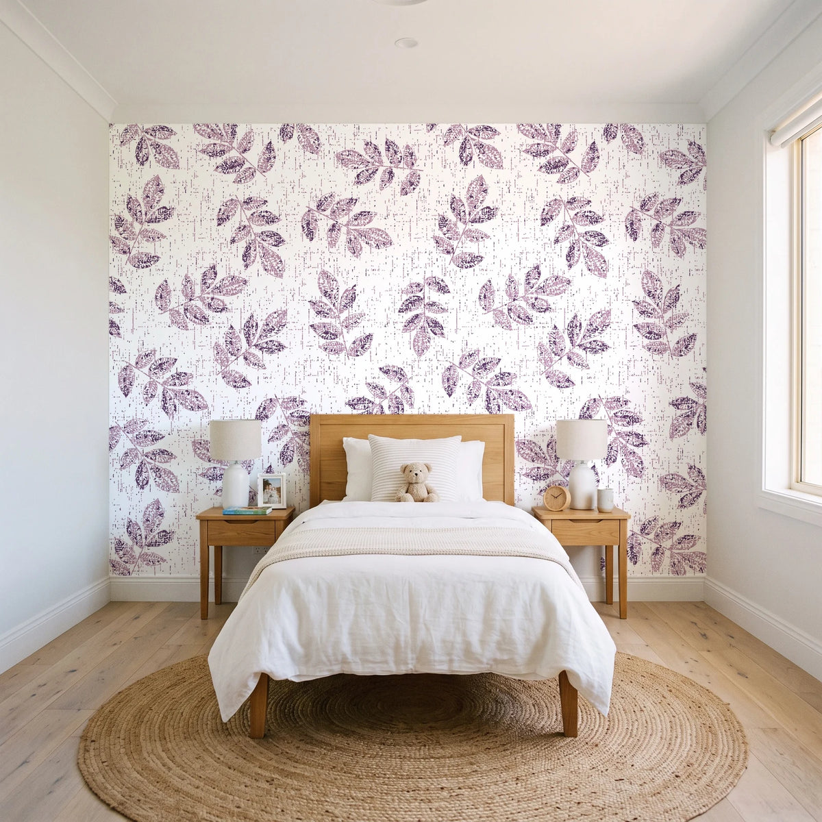 Verdant Scatter Plum tossed leaf wallpaper in a bright, cheerful child's bedroom