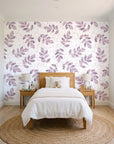 Verdant Scatter Plum tossed leaf wallpaper in a bright, cheerful child's bedroom
